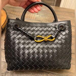 Chic Black Woven Tote Bag with Gold Accent, New
